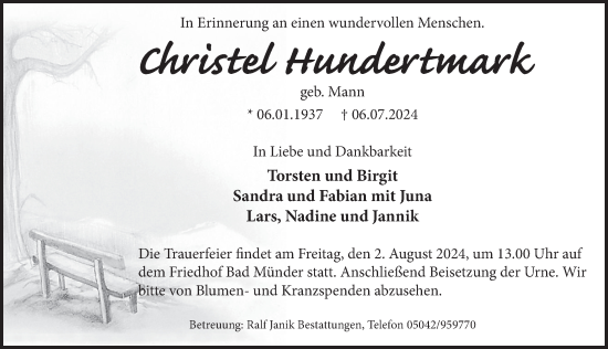 Traueranzeige von Christel Hundertmark von Neue Deister-Zeitung