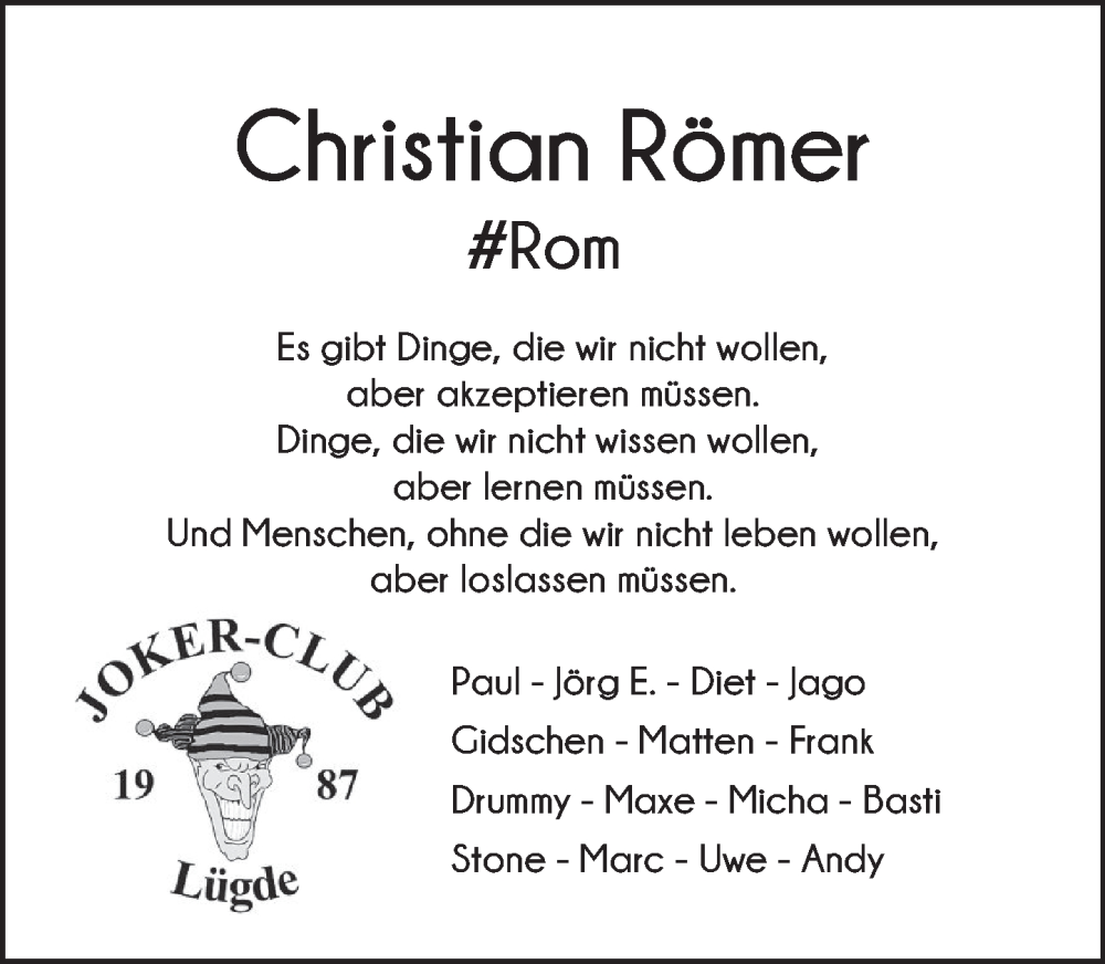  Traueranzeige für Christian Römer vom 03.08.2024 aus Deister- und Weserzeitung