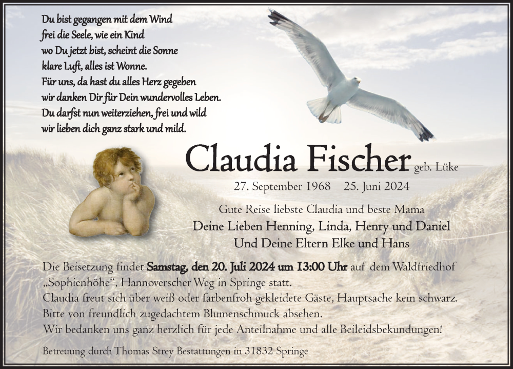  Traueranzeige für Claudia Fischer vom 13.07.2024 aus Neue Deister-Zeitung