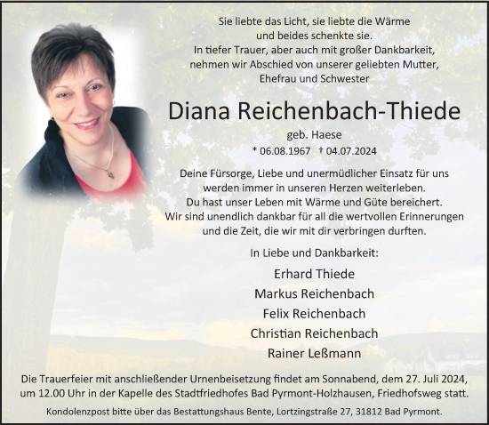 Traueranzeige von Diana Reichenbach-Thiede von Deister- und Weserzeitung