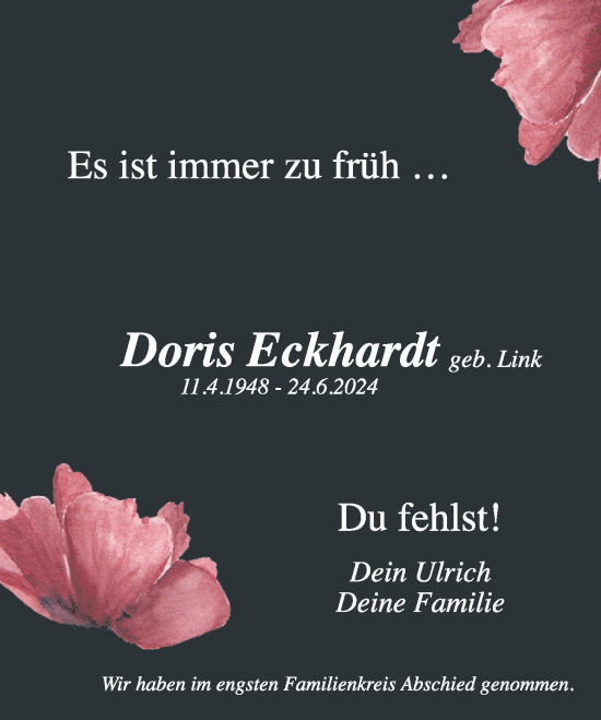 Traueranzeige von Doris Eckhardt von Deister- und Weserzeitung