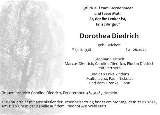 Traueranzeige von Dorothea Diedrich von Deister- und Weserzeitung