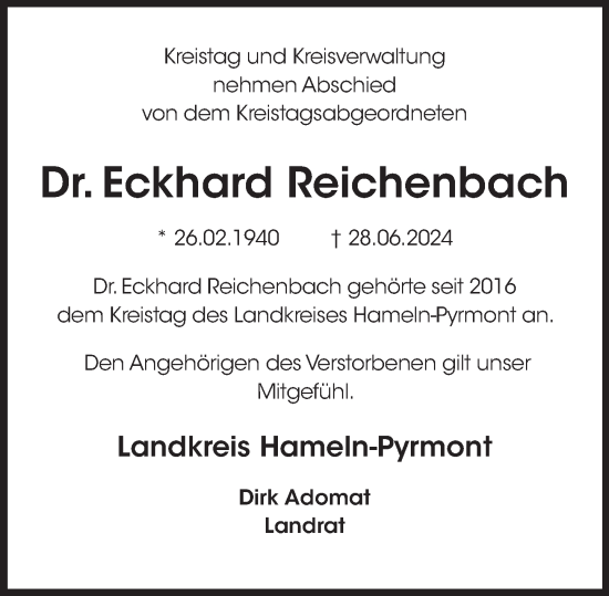 Traueranzeige von Eckhard Reichenbach von Deister- und Weserzeitung