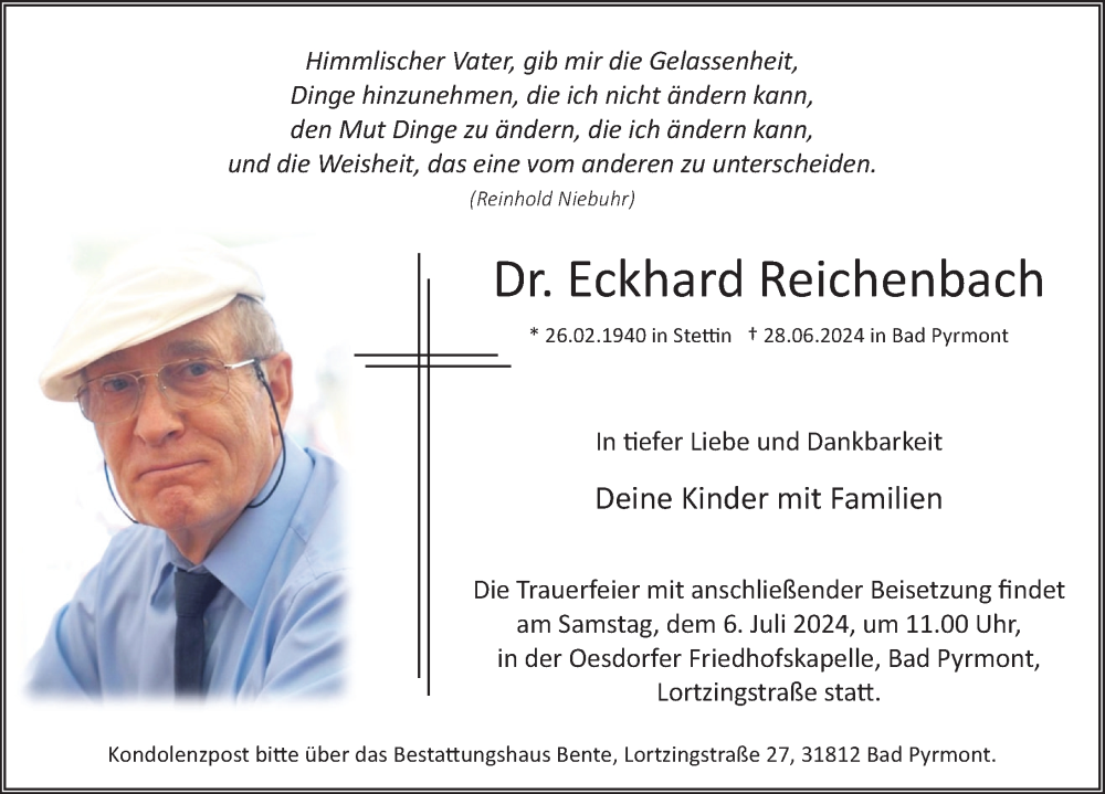  Traueranzeige für Eckhard Reichenbach vom 03.07.2024 aus Deister- und Weserzeitung