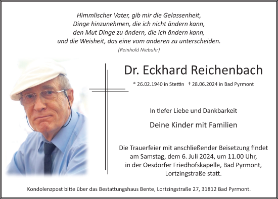 Traueranzeige von Eckhard Reichenbach von Deister- und Weserzeitung