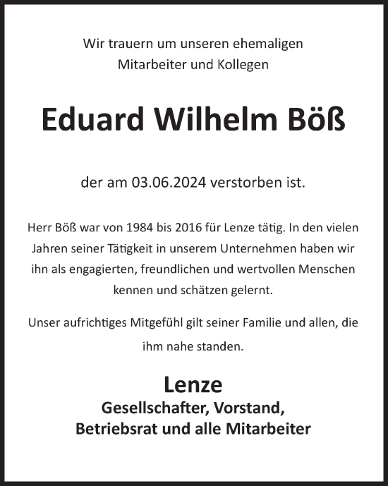 Traueranzeige von Eduard Wilhelm Böß von Deister- und Weserzeitung