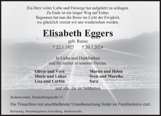 Traueranzeige von Elisabeth Eggers von Deister- und Weserzeitung