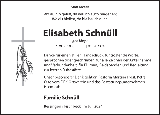 Traueranzeige von Elisabeth Schnüll von Deister- und Weserzeitung