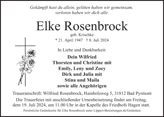 Traueranzeige von Elke Rosenbrock von Deister- und Weserzeitung