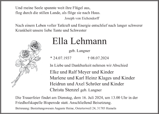 Traueranzeige von Ella Lehmann von Deister- und Weserzeitung