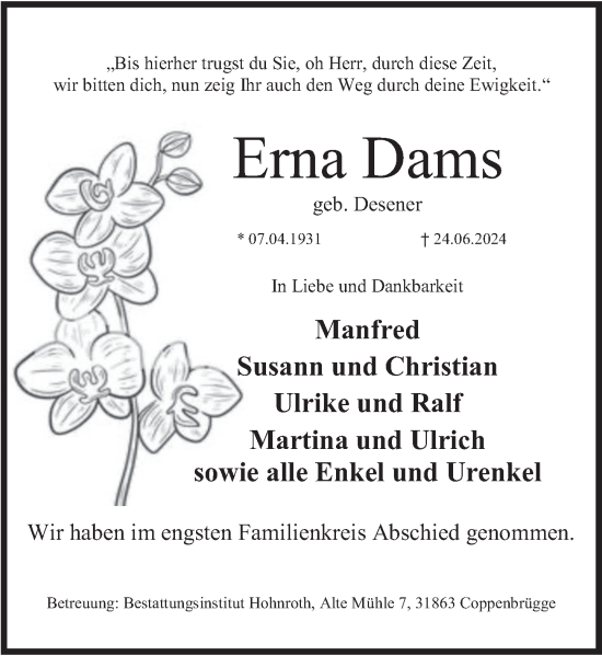 Traueranzeige von Erna Dams von Deister- und Weserzeitung