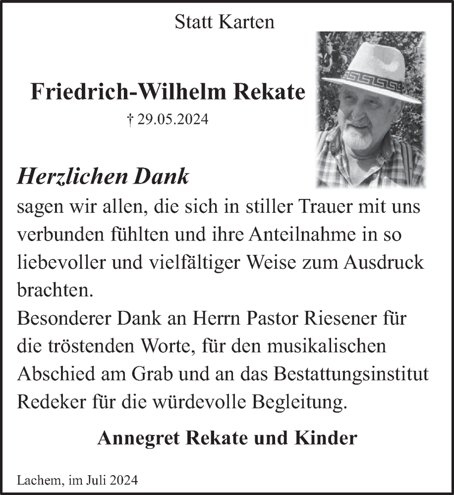  Traueranzeige für Friedrich-Wilhelm Rekate vom 06.07.2024 aus Deister- und Weserzeitung