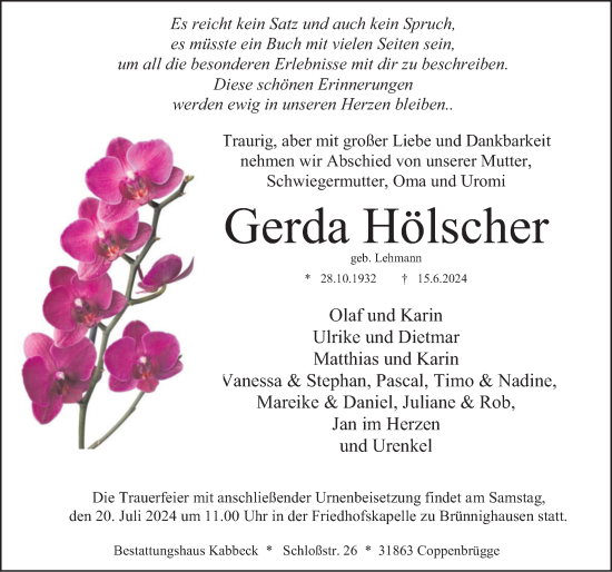 Traueranzeige von Gerda Hölscher von Deister- und Weserzeitung
