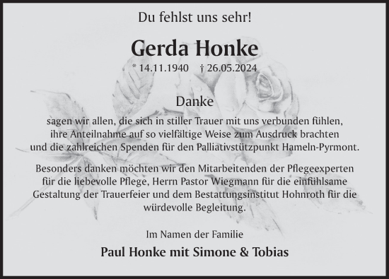Traueranzeige von Gerda Honke von Deister- und Weserzeitung