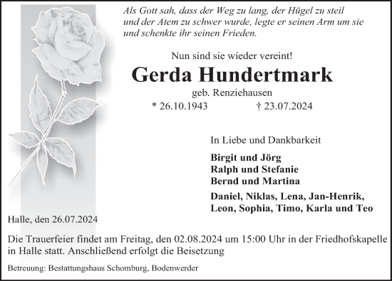 Traueranzeige von Gerda Hundertmark von Deister- und Weserzeitung