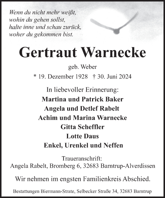 Traueranzeige von Gertraut Warnecke von Deister- und Weserzeitung