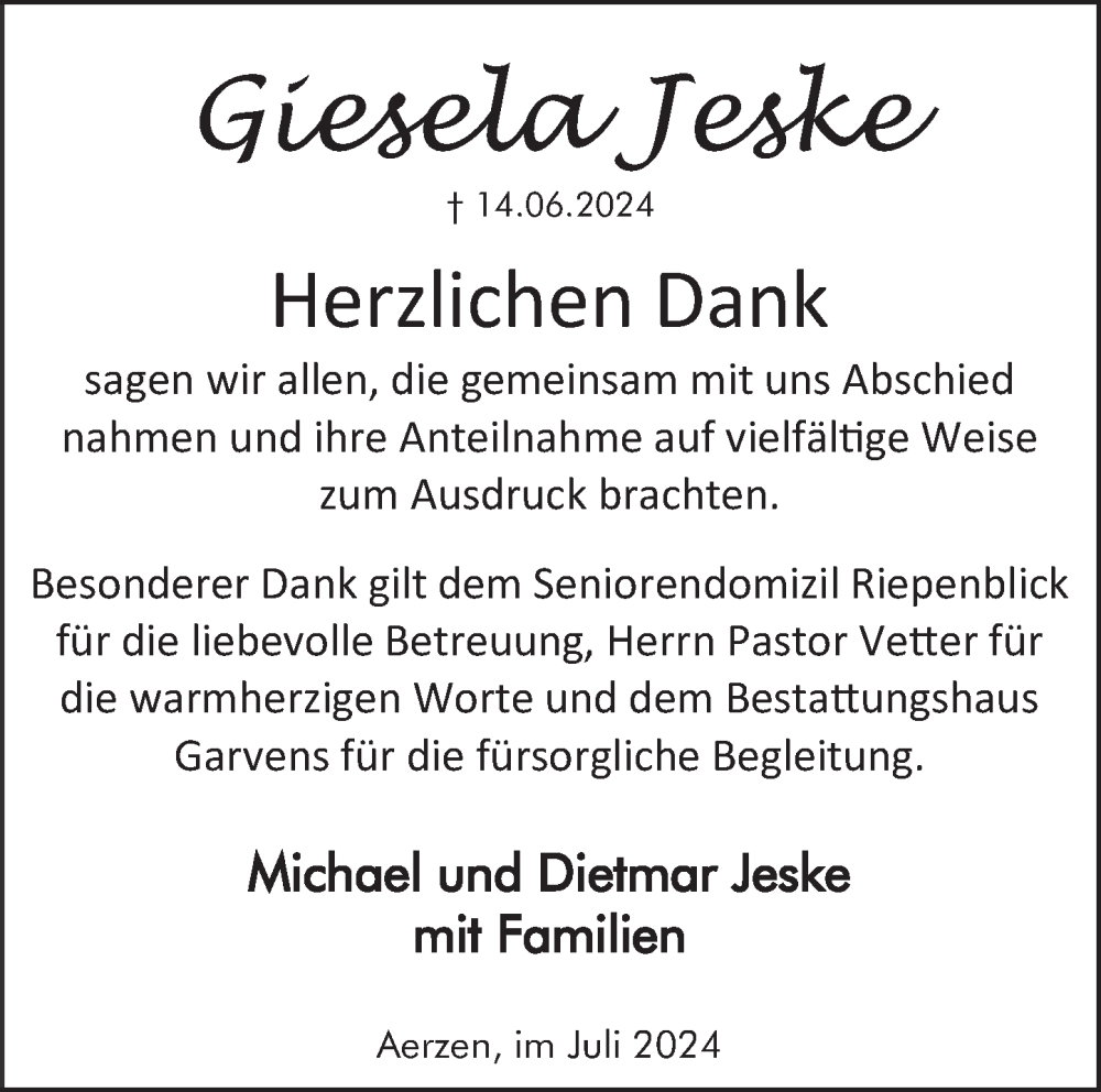  Traueranzeige für Giesela Jeske vom 12.07.2024 aus Deister- und Weserzeitung