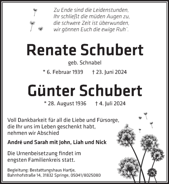 Traueranzeige von Günter Schubert von Neue Deister-Zeitung