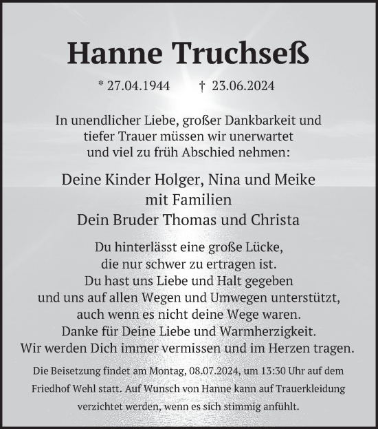 Traueranzeige von Hanne Truchseß von Deister- und Weserzeitung