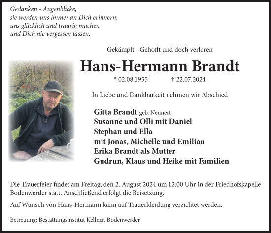 Traueranzeige von Hans-Hermann Brandt von Deister- und Weserzeitung
