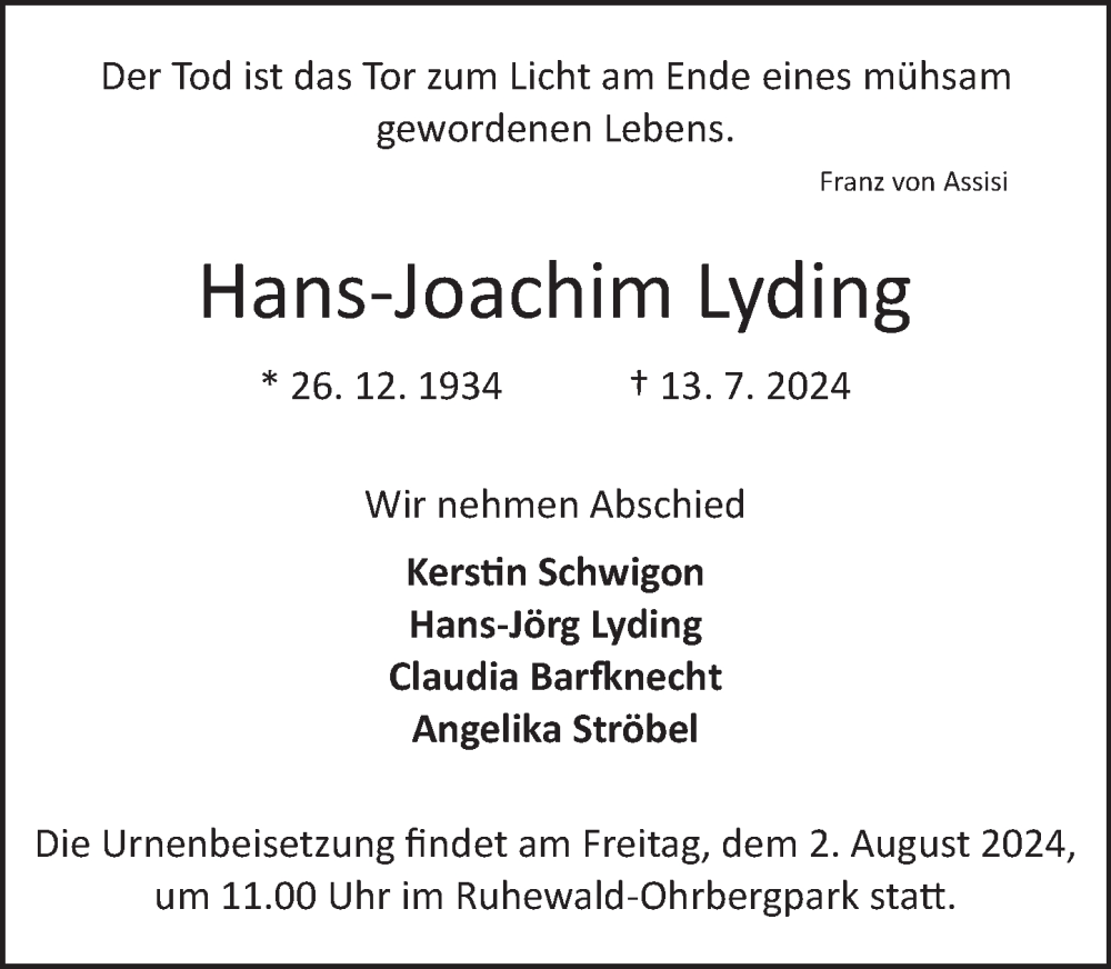  Traueranzeige für Hans-Joachim Lyding vom 27.07.2024 aus Deister- und Weserzeitung