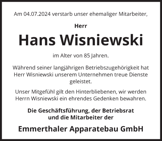 Traueranzeige von Hans Wisniewski von Deister- und Weserzeitung