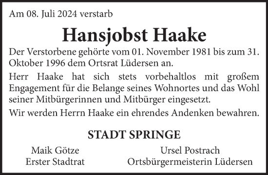 Traueranzeige von Hansjobst Haake von Neue Deister-Zeitung