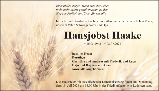 Traueranzeige von Hansjobst Haake von Neue Deister-Zeitung