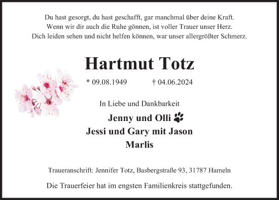 Traueranzeige von Hartmut Totz von Deister- und Weserzeitung