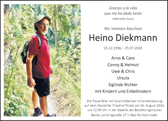 Traueranzeige von Heino Diekmann von Deister- und Weserzeitung