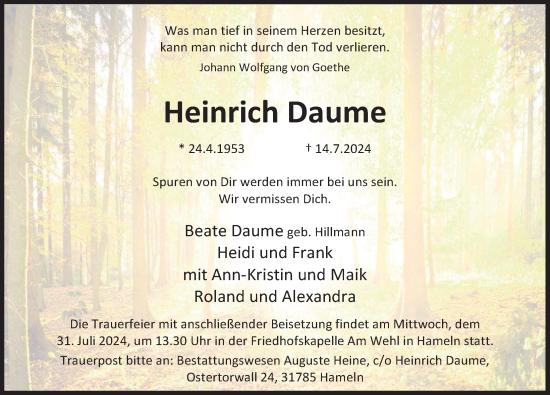 Traueranzeige von Heinrich Daume von Deister- und Weserzeitung