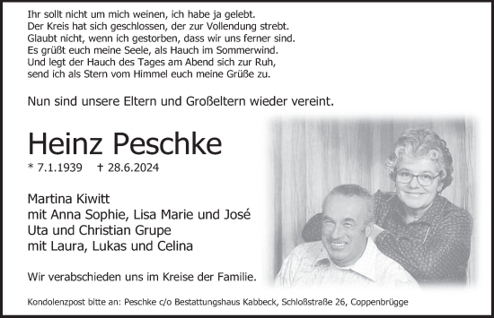 Traueranzeige von Heinz Peschke von Deister- und Weserzeitung