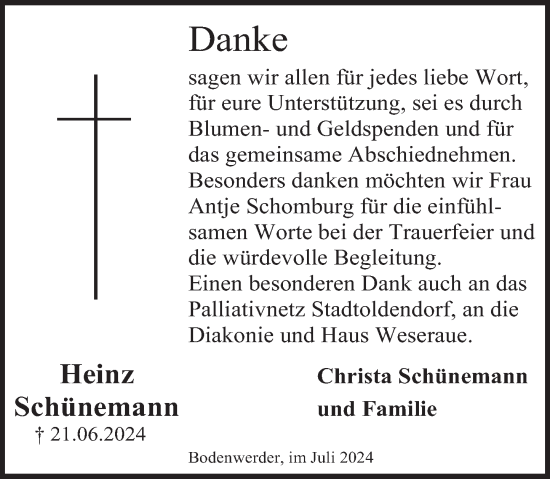 Traueranzeige von Heinz Schünemann von Deister- und Weserzeitung