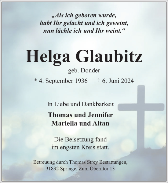 Traueranzeige von Helga Glaubitz von Neue Deister-Zeitung