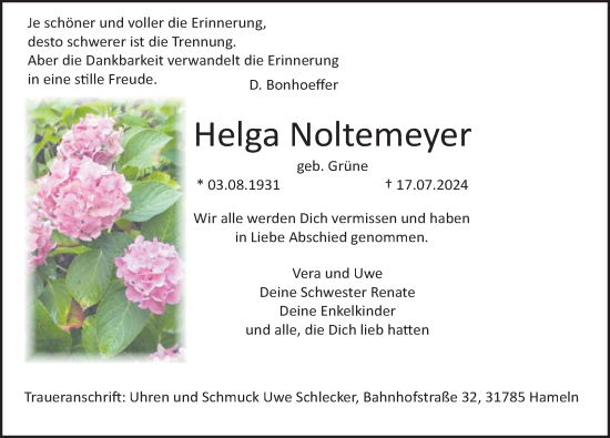 Traueranzeige von Helga Noltemeyer von Deister- und Weserzeitung