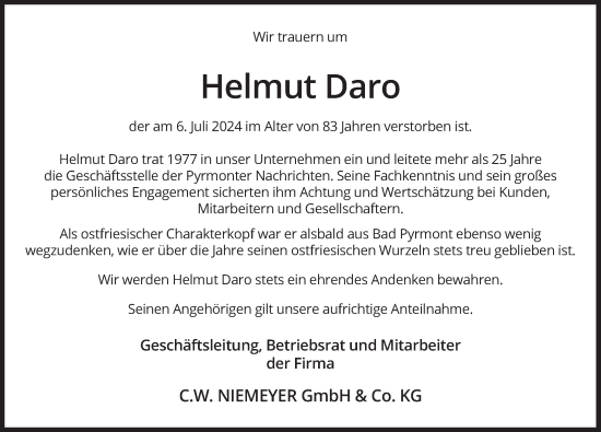 Traueranzeige von Helmut Daro von Deister- und Weserzeitung