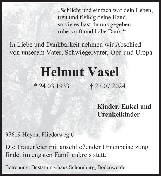 Traueranzeige von Helmut Vasel von Deister- und Weserzeitung
