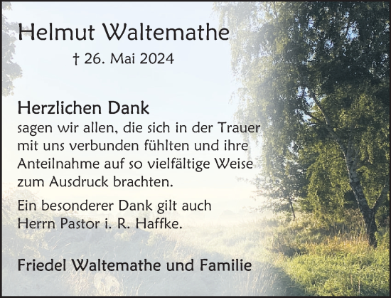 Traueranzeige von Helmut Waltemathe von Deister- und Weserzeitung
