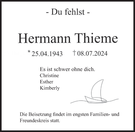 Traueranzeige von Hermann Thieme von Deister- und Weserzeitung