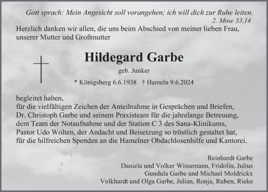Traueranzeige von Hildegard Garbe von Deister- und Weserzeitung