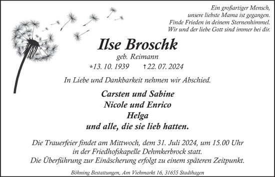 Traueranzeige von Ilse Broschk von Deister- und Weserzeitung