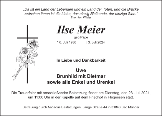 Traueranzeige von Ilse Meier von Deister- und Weserzeitung