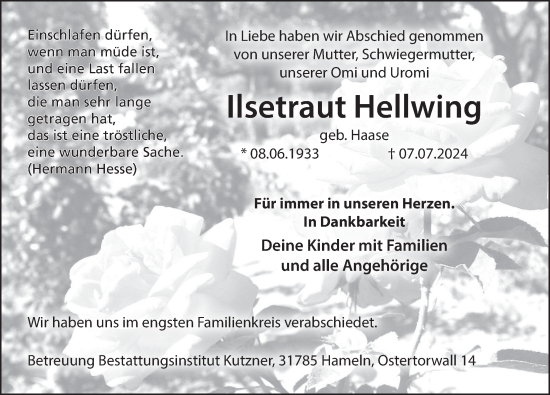 Traueranzeige von Ilsetraut Hellwing von Deister- und Weserzeitung