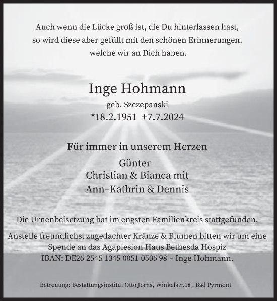 Traueranzeige von Inge Hohmann von Deister- und Weserzeitung