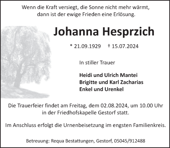 Traueranzeige von Johanna Hesprzich von Neue Deister-Zeitung