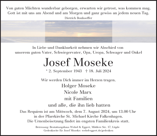 Traueranzeige von Josef Moseke von Deister- und Weserzeitung