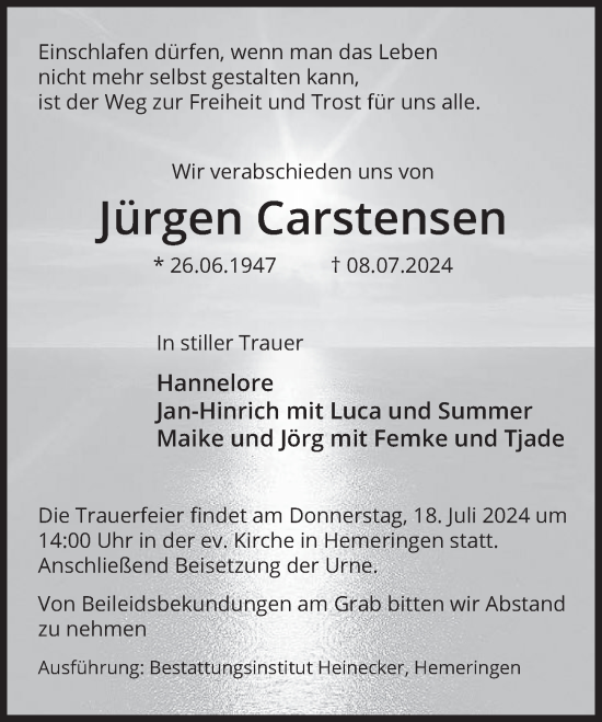 Traueranzeige von Jürgen Carstensen von Deister- und Weserzeitung