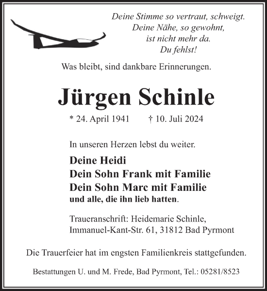 Traueranzeige von Jürgen Schinle von Deister- und Weserzeitung