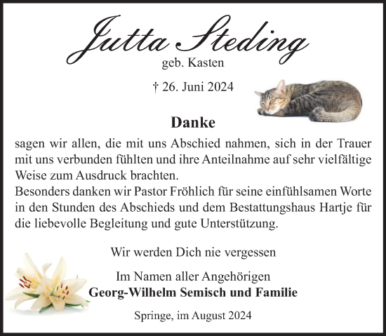 Traueranzeige von Jutta Steding von Neue Deister-Zeitung