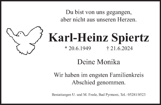 Traueranzeige von Karl-Heinz Spiertz von Deister- und Weserzeitung